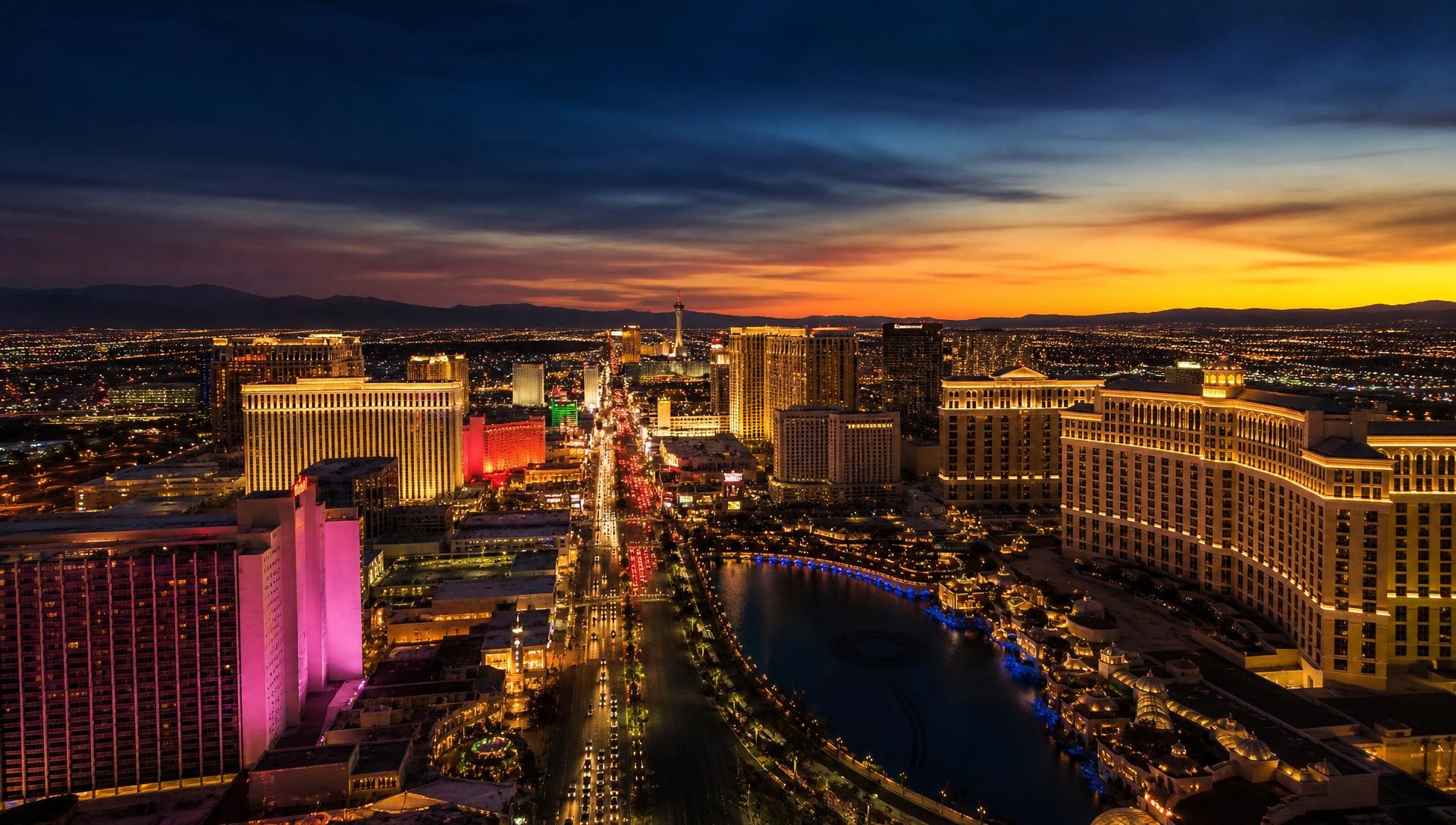 The Las Vegas Strip skyline glowing at sunset
